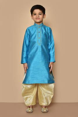Blue embroidered art silk boys-dhoti-kurta 3