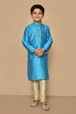 Blue embroidered art silk boys-kurta-pyjama 1