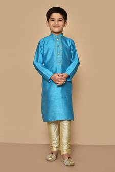 Blue embroidered art silk boys-kurta-pyjama