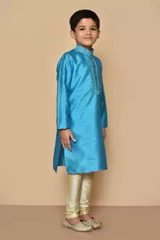 Blue embroidered art silk boys-kurta-pyjama