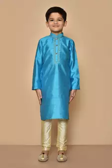 Blue embroidered art silk boys-kurta-pyjama