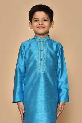Blue embroidered art silk boys-kurta-pyjama 4