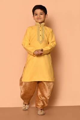 Yellow embroidered art silk boys-dhoti-kurta 1