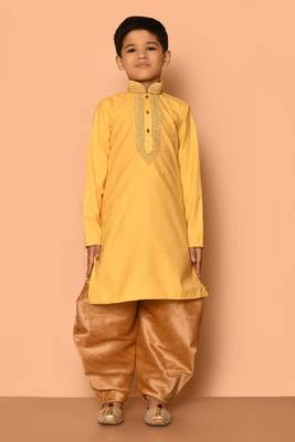 Yellow embroidered art silk boys-dhoti-kurta 3