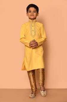Yellow embroidered art silk boys-kurta-pyjama