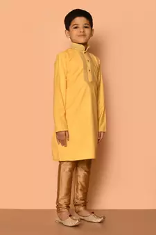 Yellow embroidered art silk boys-kurta-pyjama