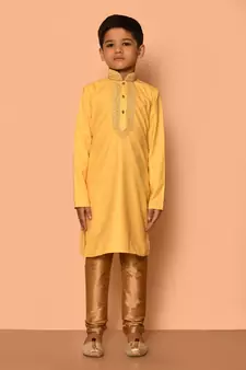 Yellow embroidered art silk boys-kurta-pyjama