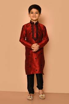 Maroon embroidered art silk boys-kurta-pyjama