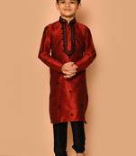 Maroon embroidered art silk boys-kurta-pyjama
