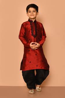 Maroon embroidered art silk boys-dhoti-kurta