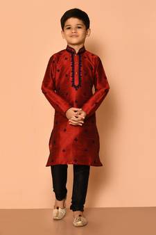 Maroon embroidered art silk boys-kurta-pyjama