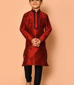 Maroon embroidered art silk boys-kurta-pyjama