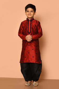 Maroon embroidered art silk boys-kurta-pyjama