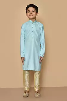 Blue embroidered cotton boys-kurta-pyjama
