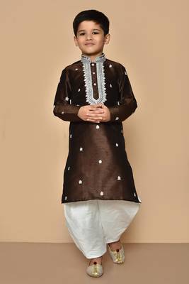 Brown embroidered art silk boys-dhoti-kurta 1
