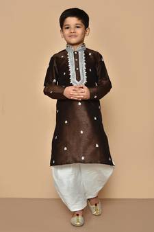 Brown embroidered art silk boys-dhoti-kurta