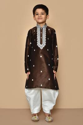 Brown embroidered art silk boys-dhoti-kurta 3