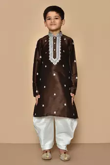 Brown embroidered art silk boys-dhoti-kurta