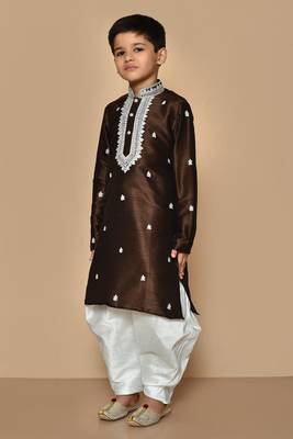 Brown embroidered art silk boys-dhoti-kurta 4