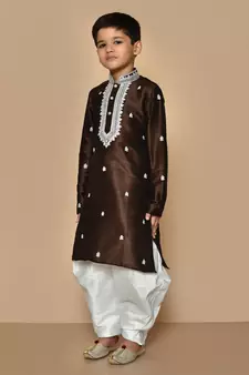 Brown embroidered art silk boys-dhoti-kurta