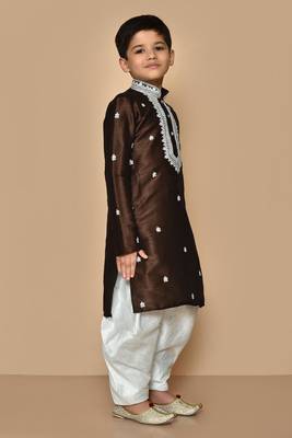Brown embroidered art silk boys-dhoti-kurta 5