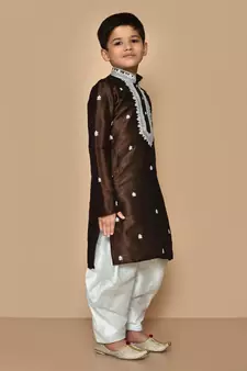 Brown embroidered art silk boys-dhoti-kurta