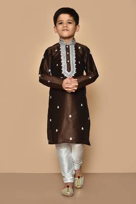 Brown embroidered art silk boys-kurta-pyjama 1