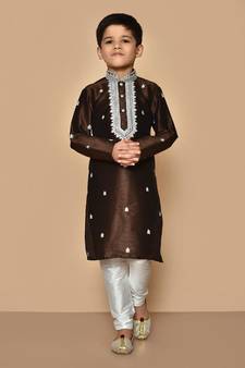 Brown embroidered art silk boys-kurta-pyjama