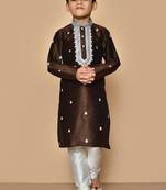 Brown embroidered art silk boys-kurta-pyjama