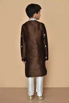 Brown embroidered art silk boys-kurta-pyjama
