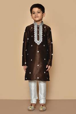 Brown embroidered art silk boys-kurta-pyjama 3