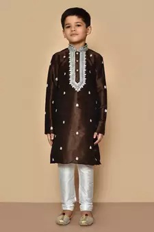 Brown embroidered art silk boys-kurta-pyjama