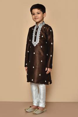 Brown embroidered art silk boys-kurta-pyjama 4