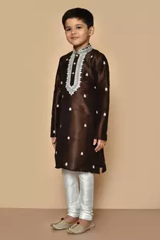 Brown embroidered art silk boys-kurta-pyjama