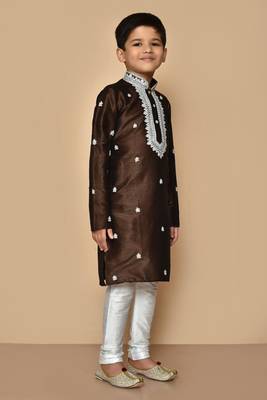 Brown embroidered art silk boys-kurta-pyjama 5