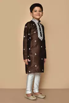Brown embroidered art silk boys-kurta-pyjama