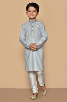 Grey embroidered cotton boys-kurta-pyjama