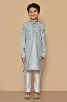 Grey embroidered cotton boys-kurta-pyjama