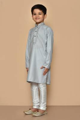 Grey embroidered cotton boys-kurta-pyjama 4