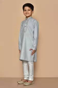 Grey embroidered cotton boys-kurta-pyjama