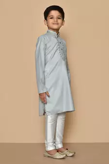 Grey embroidered cotton boys-kurta-pyjama