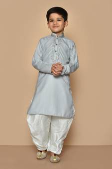 Grey embroidered cotton boys-dhoti-kurta
