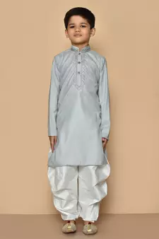 Grey embroidered cotton boys-dhoti-kurta