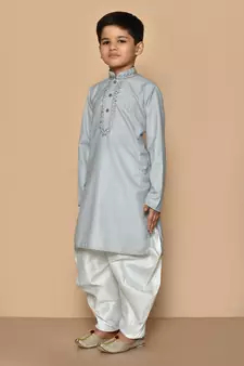 Grey embroidered cotton boys-dhoti-kurta