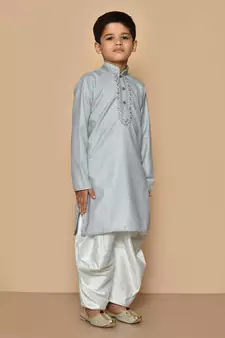 Grey embroidered cotton boys-dhoti-kurta