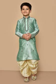 Green embroidered art silk boys-dhoti-kurta