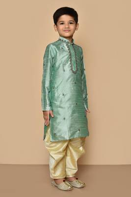 Green embroidered art silk boys-dhoti-kurta 2
