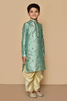 Green embroidered art silk boys-dhoti-kurta