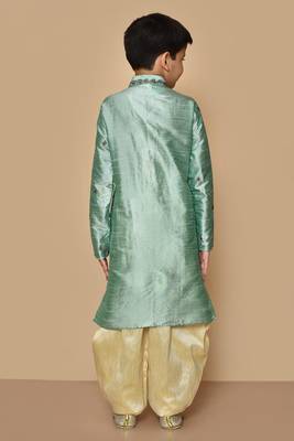 Green embroidered art silk boys-dhoti-kurta 3