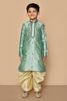 Green embroidered art silk boys-dhoti-kurta 4